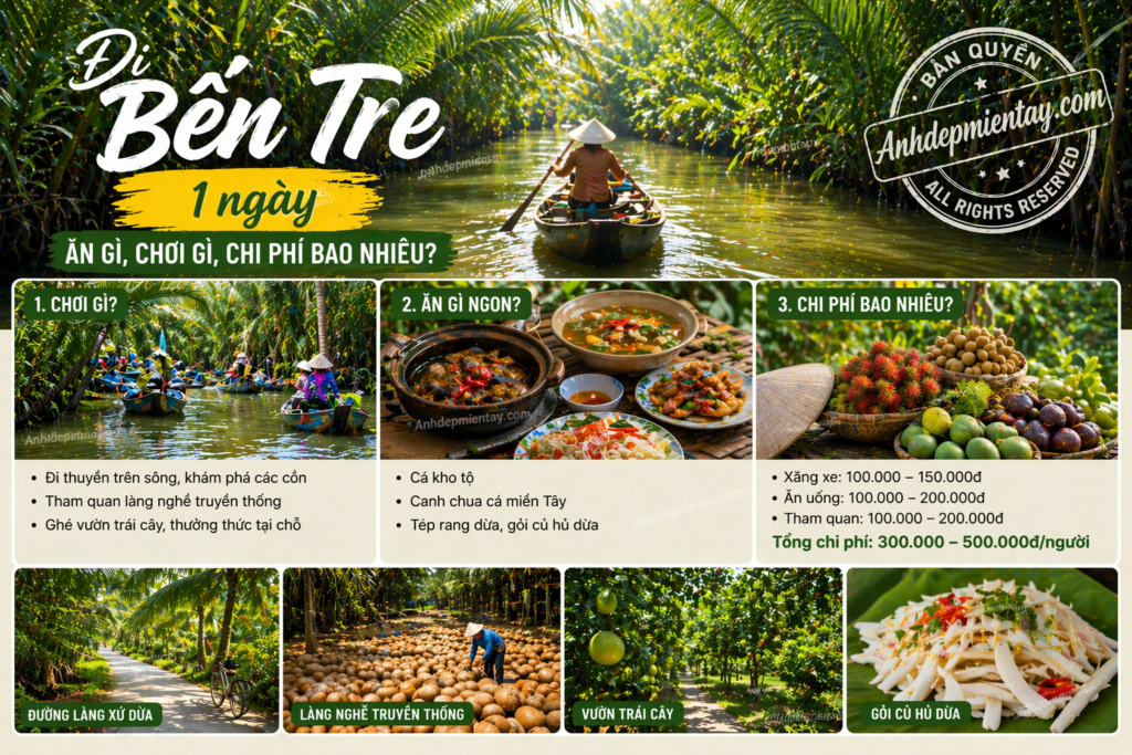 Gợi ý lịch trình đi Bến Tre 1 ngày chi tiết: ăn gì ngon, chơi gì thú vị, chi phí bao nhiêu. Phù hợp đi dịp lễ, cuối tuần.